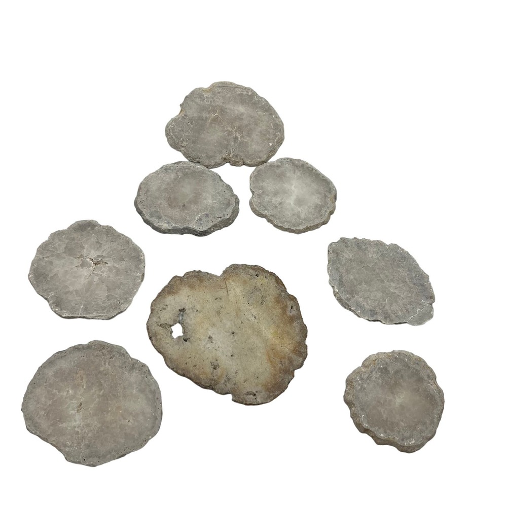 Vintage Lot 8 Thin Round Crystal / Stone Slab Cut Outs Raw Edges Coaster Decor